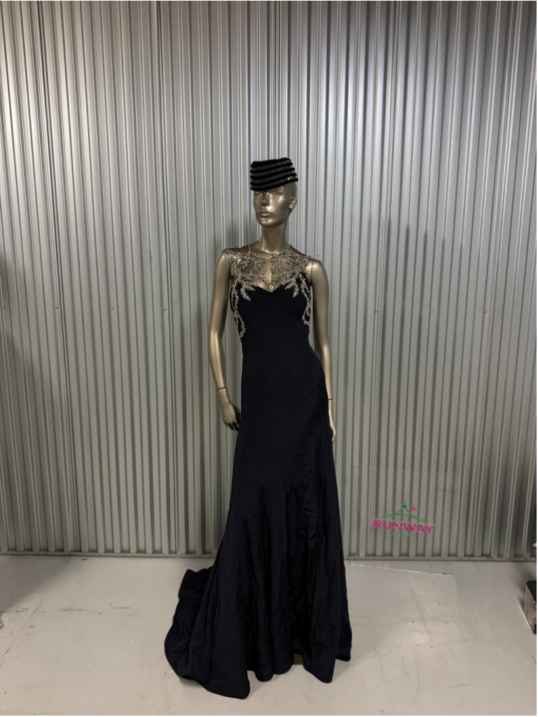 Anna Maier Couture Navy Blue Formal Gown | Silver Embroidered Illusion Bodice |